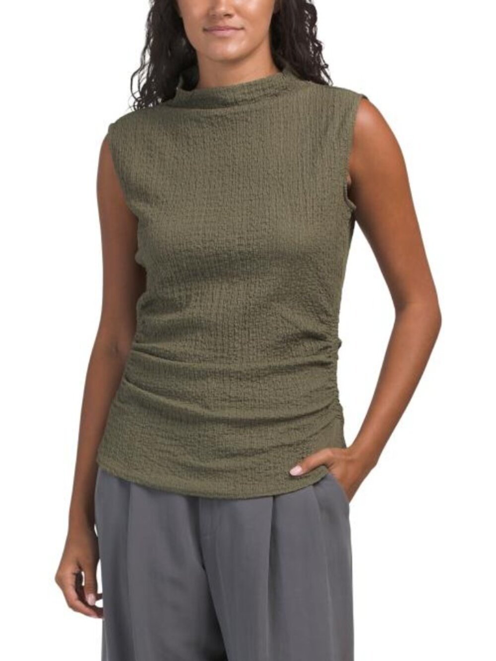 MODERN WORKS High Neck Ruched Sides Sleeveless Top